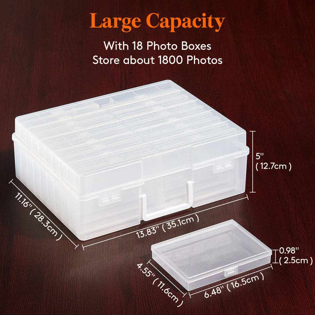 Photo Storage Box 4x6 Photo Case, 14 Inner Photo Keeper, Clear Photo Boxes Storage with 1 Sheet Label Sticker, Plastic Craft Storage Box with lids for Cards Pictures Stamps Office Supplies