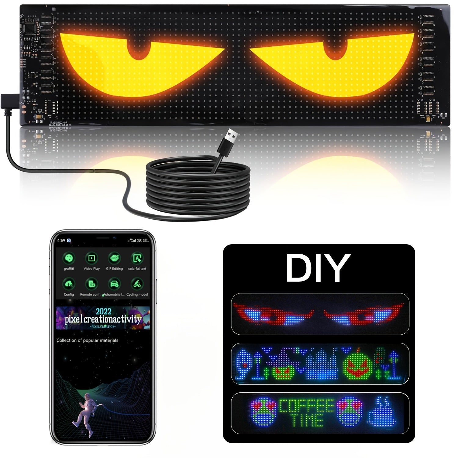 Programmable Flexible LED Display | Colorful Pixel Wall Art, App Control, Text and Pattern, Suitable for Store Signage, Car Window Decoration, Game Room Lights | Wall Mount, USB Powered, Non, Timer and Dimmable Features