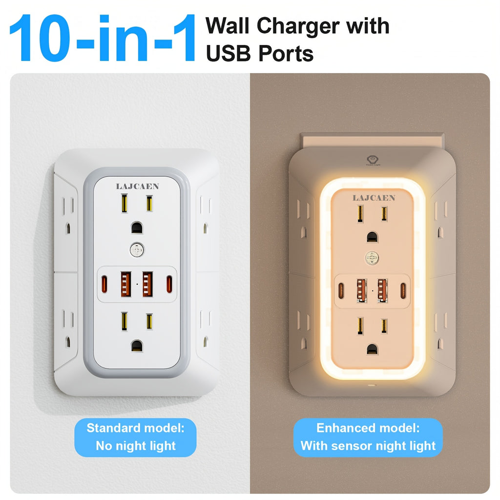10-in-1 USB Wall Charger, Multi-Plug Wall Outlet Surge Protector, 6-Outlet AC Extender with 4 USB Charging Ports, 3-Sided 1050J Power Strip Multi-Plug Adapter for Home, Travel, Office (2A/2C), Total USB Output: 5V/3.1A, Multi-Plug Outlet for College