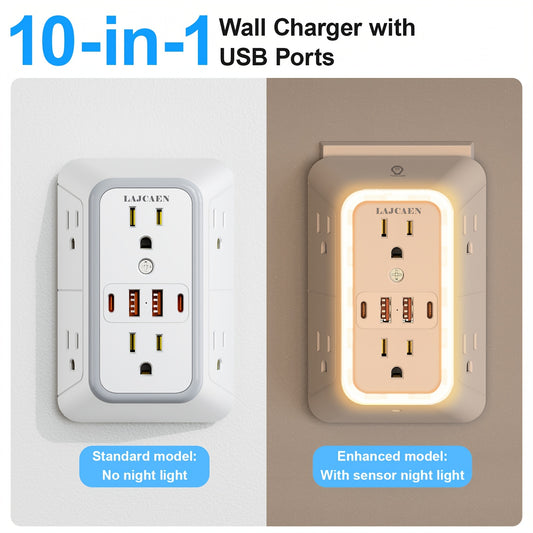 10-in-1 USB Wall Charger, Multi-Plug Wall Outlet Surge Protector, 6-Outlet AC Extender with 4 USB Charging Ports, 3-Sided 1050J Power Strip Multi-Plug Adapter for Home, Travel, Office (2A/2C), Total USB Output: 5V/3.1A, Multi-Plug Outlet for College