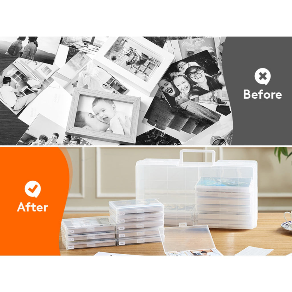 Photo Storage Box 4x6 Photo Case, 14 Inner Photo Keeper, Clear Photo Boxes Storage with 1 Sheet Label Sticker, Plastic Craft Storage Box with lids for Cards Pictures Stamps Office Supplies