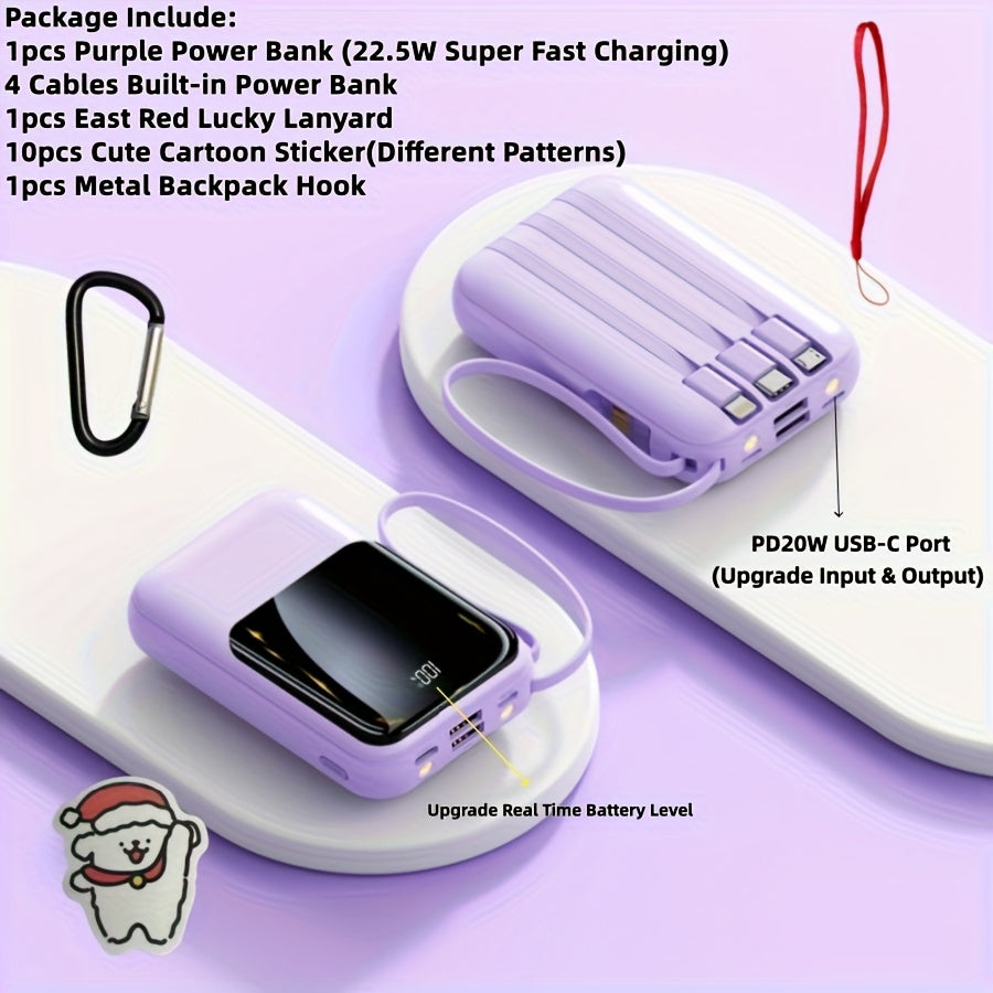 10000Mah Mini Cute 5W Slow Charging/15W Fast Charging/22.5W Super Fast Charging Multifunctional Power Bank, Rechargeable Portable Mobile Phone Charger, Built-In 4 Cables, Ultra-Bright LED Lights Outdoor Travel Battery Packs Smart Digital Display