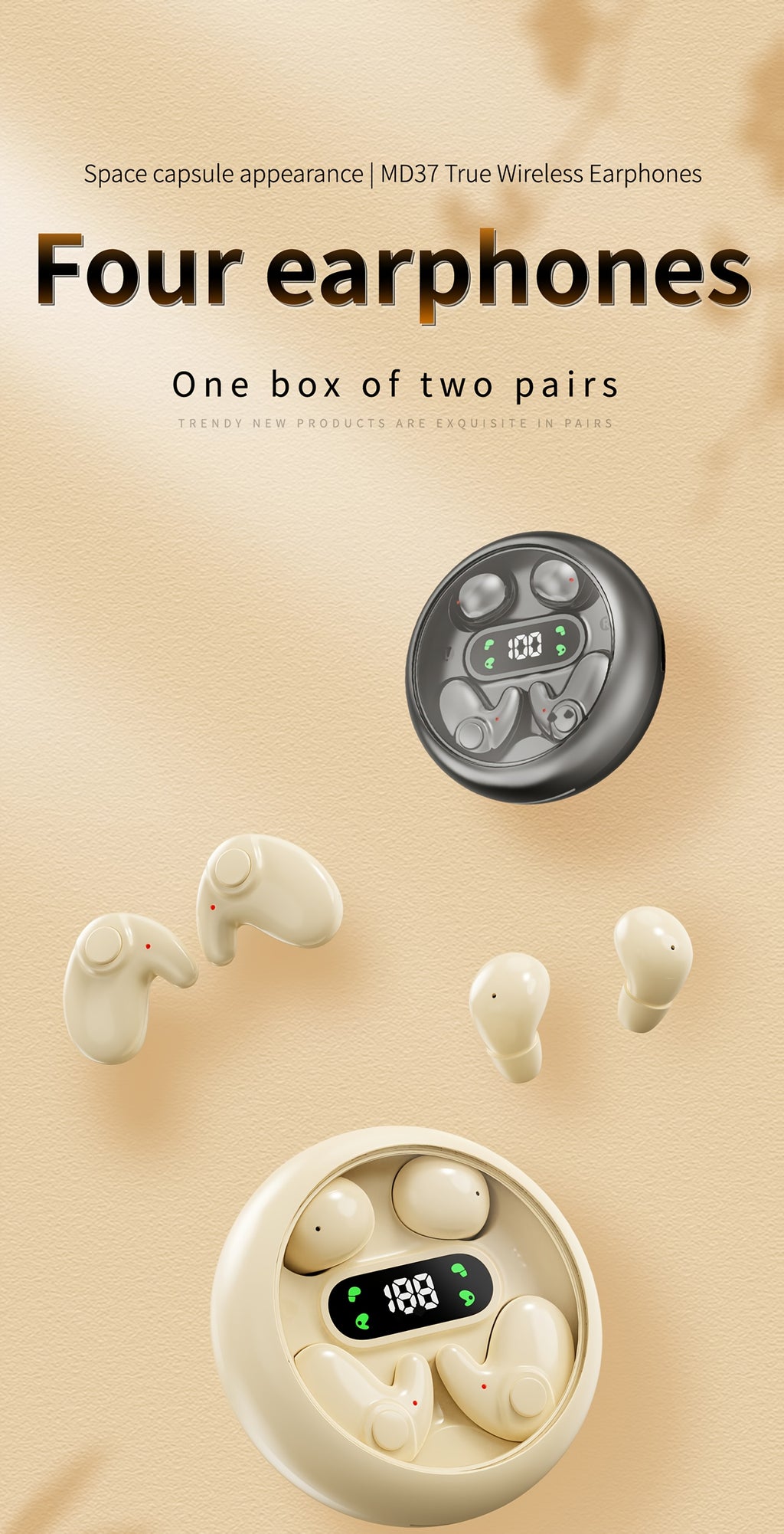 2 Pairs Of In Ear Wireless Wireless Earbuds, Invisible Mini Sleep Earbuds, Long Battery Life, Comfortable To Wear, High Fidelity Sound Quality, Intelligent Noise Reduction, Bass Loop, Touch Control, Digital Display Screen, Office, Leisure, Sports, Sleep,
