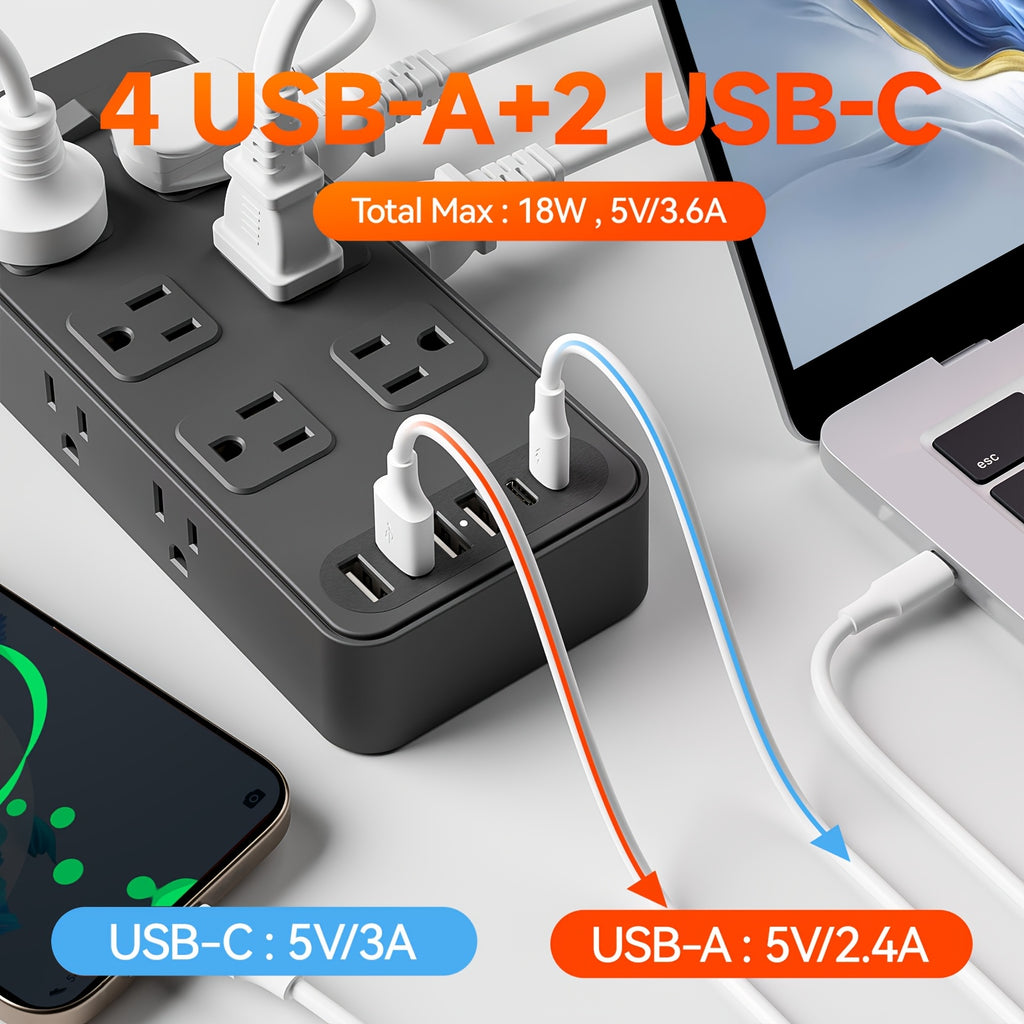 Compact Power Strip Surge Protector, 18in 1 Charging Station, with 12 AC Outlets and 6 USB Charging Ports (4 USB A & 2 USB C), Flat Plug, 5ft PVC Extension Cord, Fire-Resistant Suitable for Home, Office And Travel