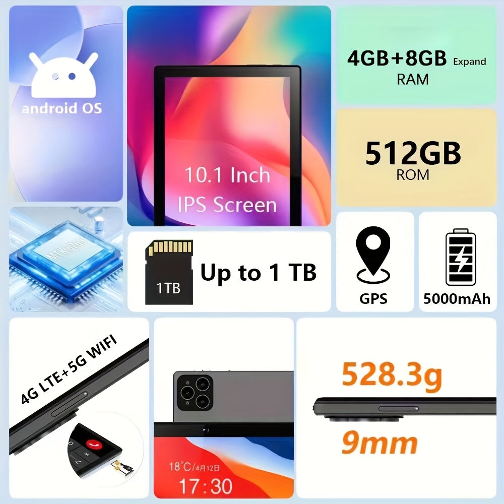 CRELANDER 2025 Android 25, 65Cm Tablet PC with 12GB RAM (Expandable 4GB + 8GB) And 512GB Storage, Supports 4G LTE, GPS, And WIFI. Comes with a Keyboard, Mouse, Case, And Stylus. Ideal As a Graduation Or New Year Gift, Tablet, Pad