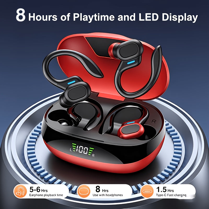 Wireless Open-Ear Earbuds, Bluetooth 5.4 Sports Headphones with Built-in Microphone & Ear Hooks, 8H Playback Time, LED Digital Display Charging Case, for Running & Workout, Black/ Red
