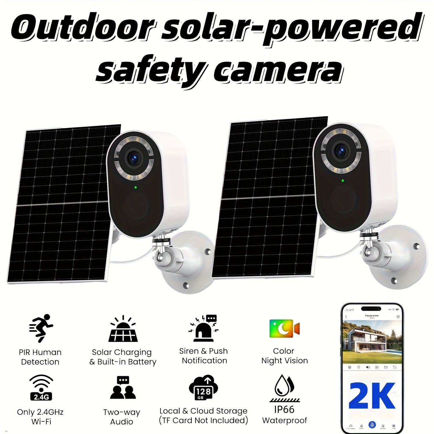 Outdoor Solar-powered Surveillance Camera, 2K High-definition Indoor/outdoor Low-power Monitoring, Waterproof, Pet/baby Surveillance Camera, 2.4G Wi-Fi, Two-way Voice Call, Human Figure Alarm Function, Color Night Vision