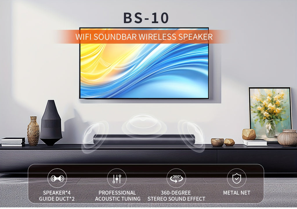 A 4D Echo Pearl Surround Sound Speaker System with Hi-Fi Subwoofer, Compatible with TVs and Computers. Features Infrared Remote Control with Both Wired and Wireless Functionality. A Portable Wireless Soundbar, Suitable for Laptops and Home Theater