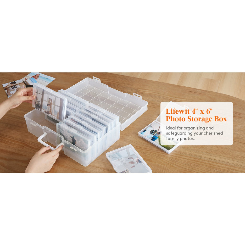 Photo Storage Box 4x6 Photo Case, 14 Inner Photo Keeper, Clear Photo Boxes Storage with 1 Sheet Label Sticker, Plastic Craft Storage Box with lids for Cards Pictures Stamps Office Supplies