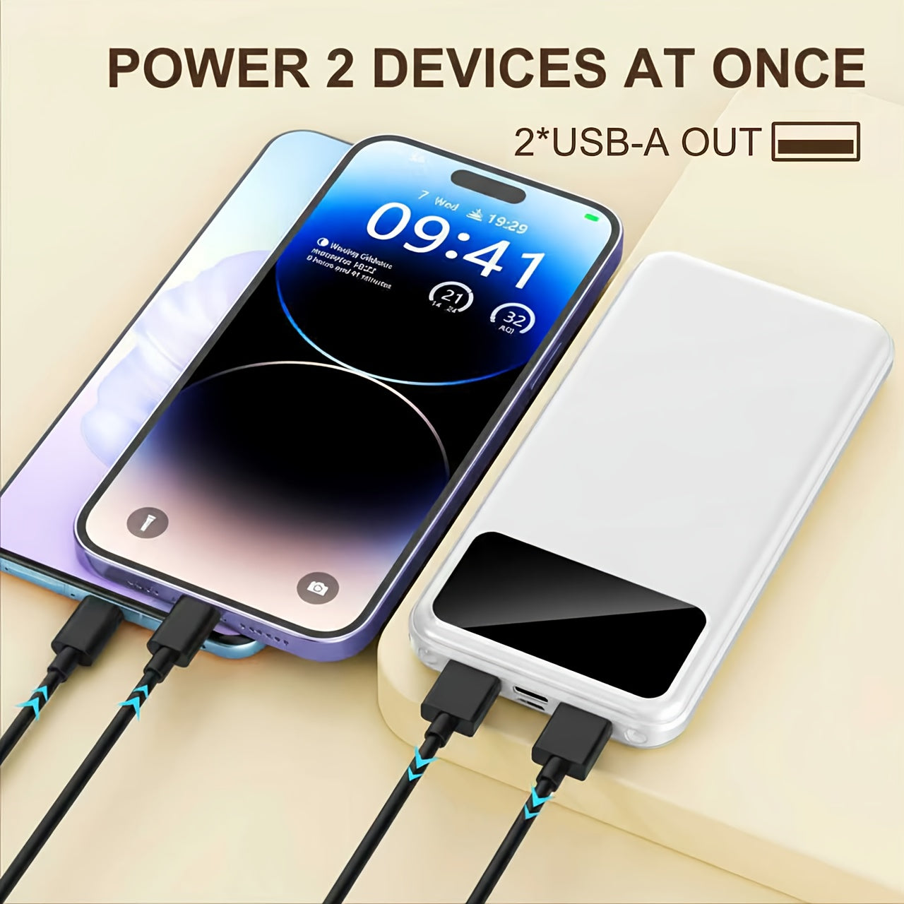 20000mAh Large Capacity Mobile Power Supply, 5V2.1A Portable USB Charger, LED And Digital Display, for Ios/ Android Devices, 2xUSB Output, Type-c/ Micro Input, Safe And Stable Polymer Lithium Battery