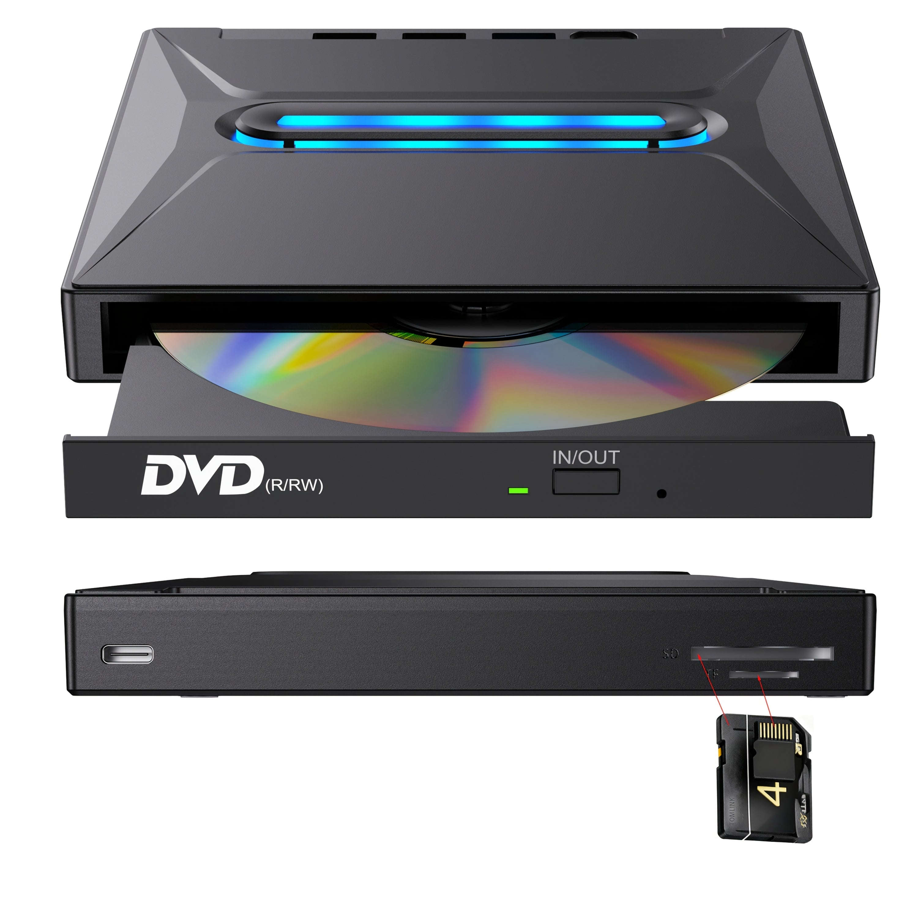 New 8-in-1 Luminous External CD DVD Drive, USB 3.0 Type-C Portable CD/DVD +/-RW Burner Player Hub With 3 USB Ports, TF/SD Card Reader, Compatible With Laptop Desktop PC Windows Linux OS