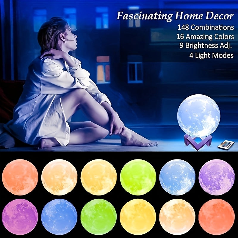 16 Color Moonlight Light 148 Combination Mode, USB3D Printed Moonlight Christmas Gift, LED Nightlight Bedroom, Bedside, Home Decor with Remote Control, Creative Desktop Decor Suitable Gift 5.9 Inch, W/ Wood Stand
