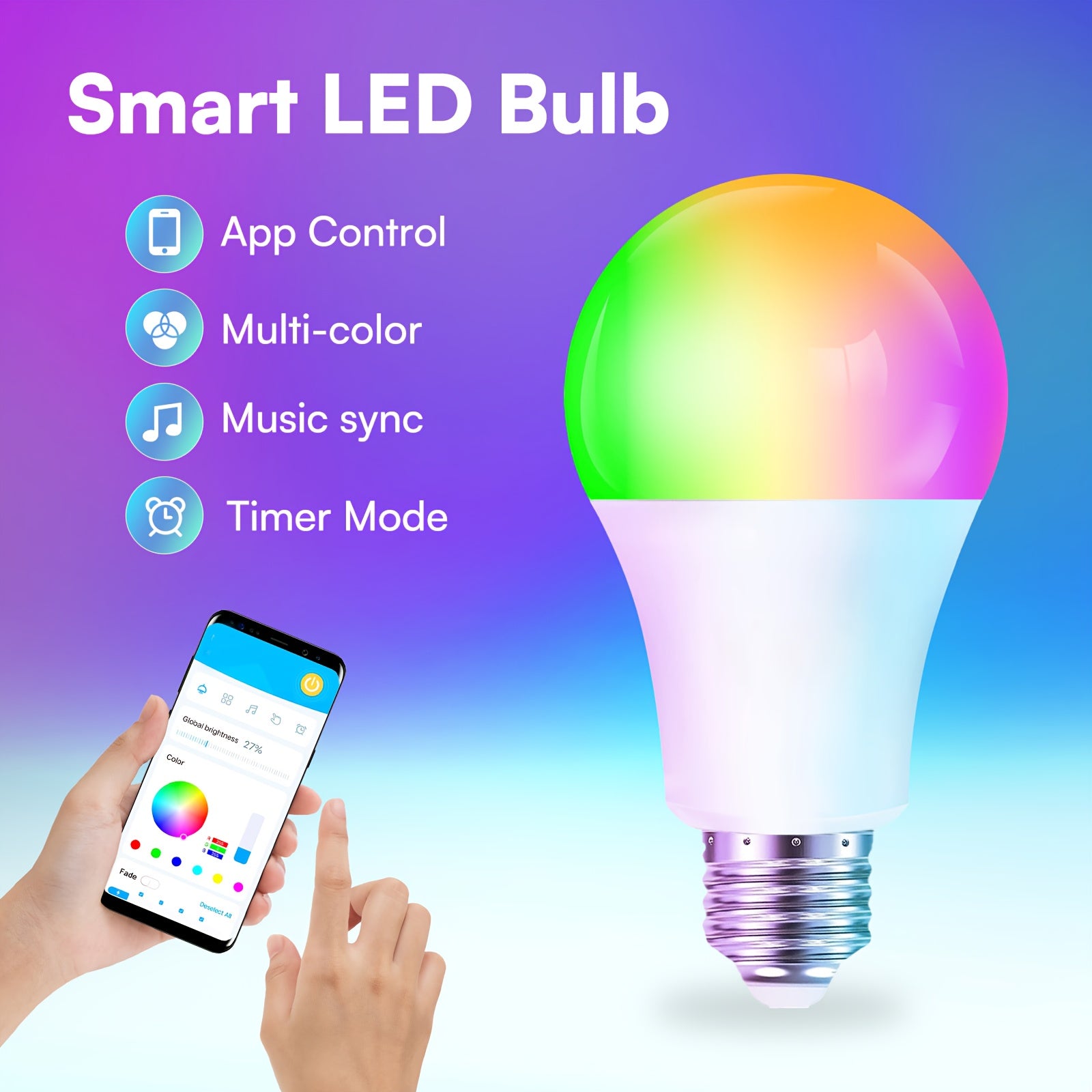 2 Pack Smart RGB Light Bulbs Compatible with Alexa And Google Home, LED Color-Changing Light Bulbs with 104 Preset Scenes, Music Sync Functionality, A19 E26 2.4GHz WiFi Connectivity, Ideal for Bedroom, Living Room, And Gaming Room Decoration,