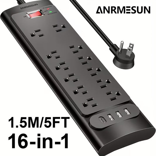ANRMESUN 16 in 1 Surge Protector Power Strip with Control Switch, 12 Spacious AC Outlets with 4 USB Ports (including 1 Type-C), 5ft Extension Cord, for Home, Office, Gaming, Smart Devices, TVs, Monitors, Microwaves, Tablets, Sleek Design