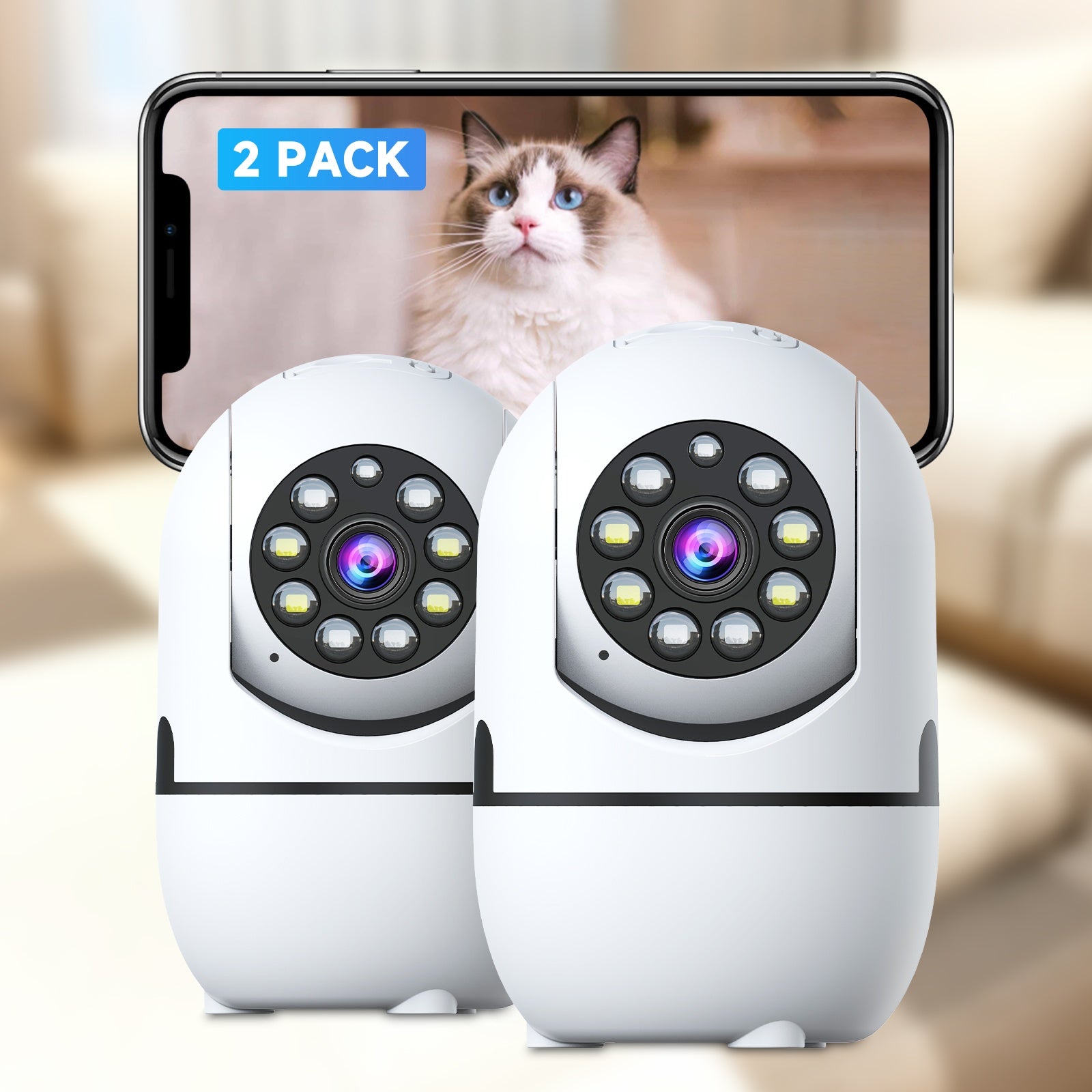 2 Indoor Cameras, Home Security, 355° Rotation, Suitable for Child and Pet Monitoring, Motion Detection, Full-Color Night Vision, Two-Way Audio, 2.4G/5G WiFi, Cloud Storage and Up to 256GB TF Card Recording, Alexa Support, The Perfect Gift