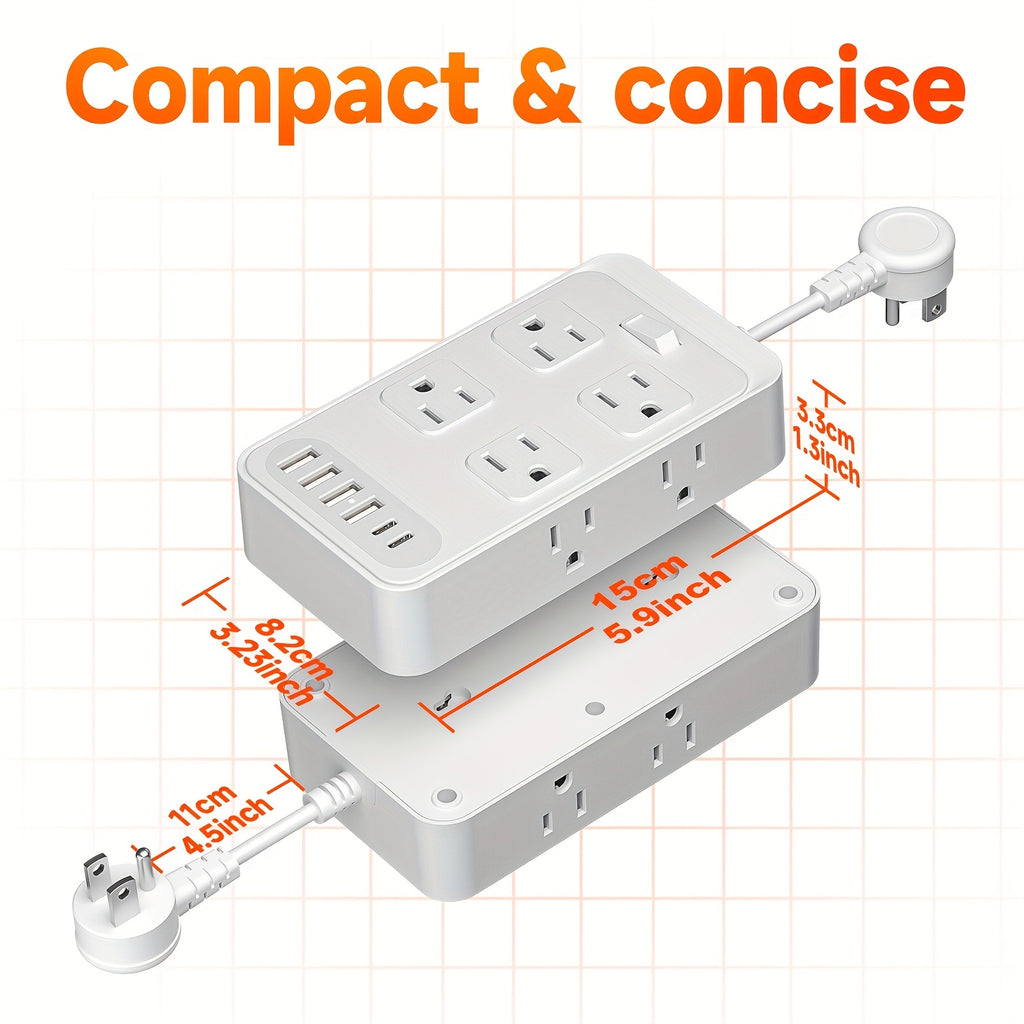 14-in-1 Power Strip With Surge Protection And One-Touch Control Switch With 8 Widely Distributed AC Outlets, 6 USB Charging Ports (4 USB A & 2 USB C), Desk Charging Station, Safe And Portable, Desktop Charging Station, Compact Power Strip Outlet Ext
