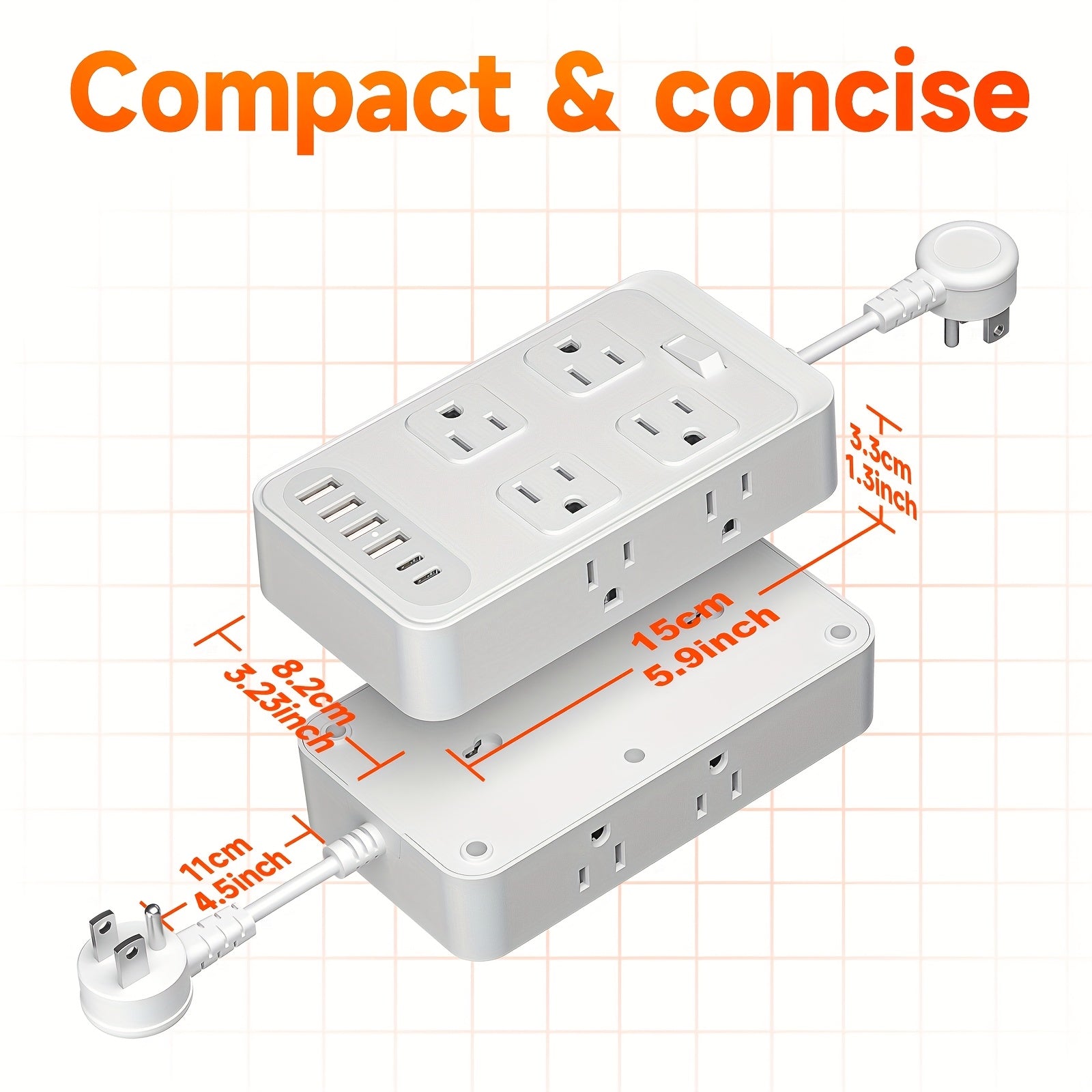14-in-1 Power Strip With Surge Protection And One-Touch Control Switch With 8 Widely Distributed AC Outlets, 6 USB Charging Ports (4 USB A & 2 USB C), Desk Charging Station, Safe And Portable, Desktop Charging Station, Compact Power Strip Outlet Ext