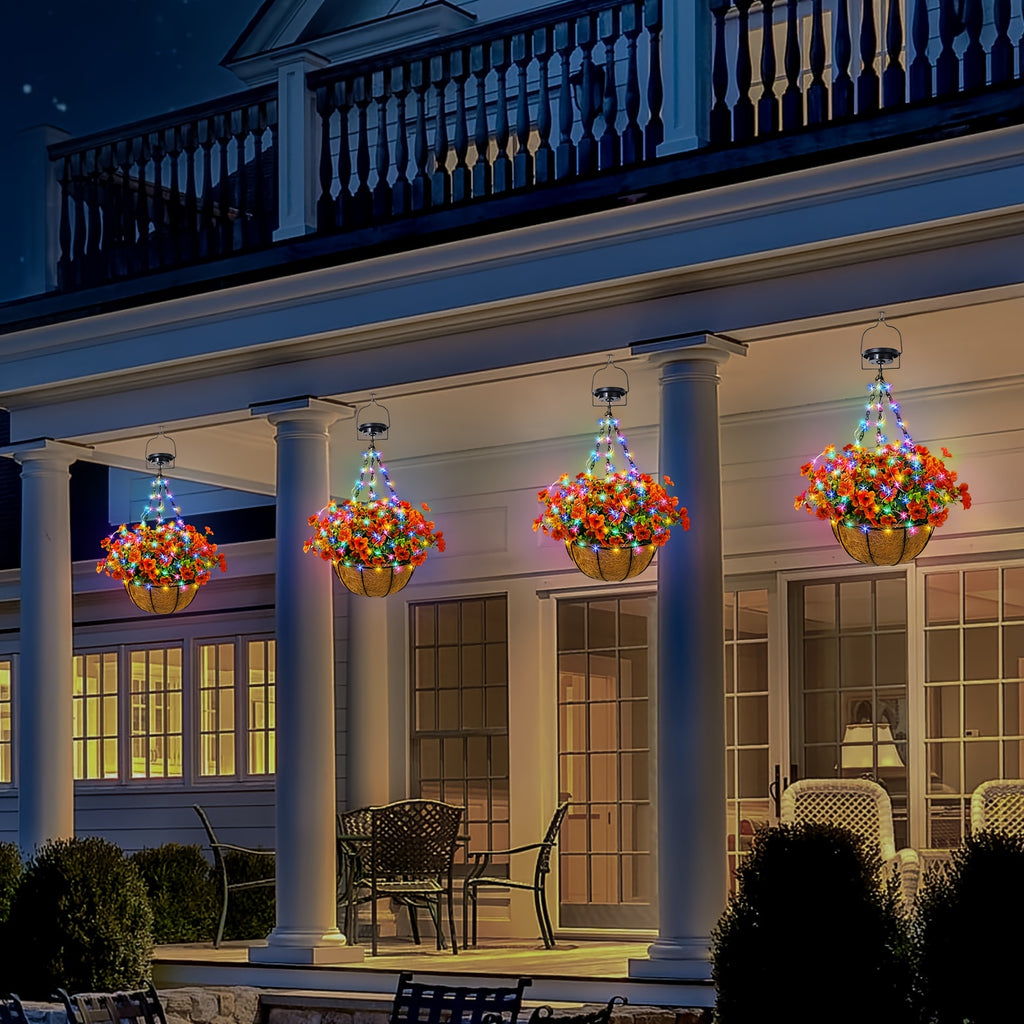 Solar Hanging Flower Basket Lights, Artificial Flowers with Solar RGB String Lights 10 Inch Coconut Hanging Flower Basket with Artificial Pink/Purple/Orange Flowers for Patio Lawn Garden Decorative Lights