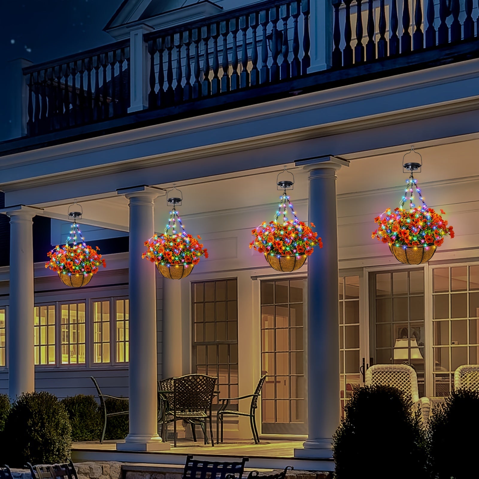 Solar Hanging Flower Basket Lights, Artificial Flowers with Solar RGB String Lights 10 Inch Coconut Hanging Flower Basket with Artificial Pink/Purple/Orange Flowers for Patio Lawn Garden Decorative Lights