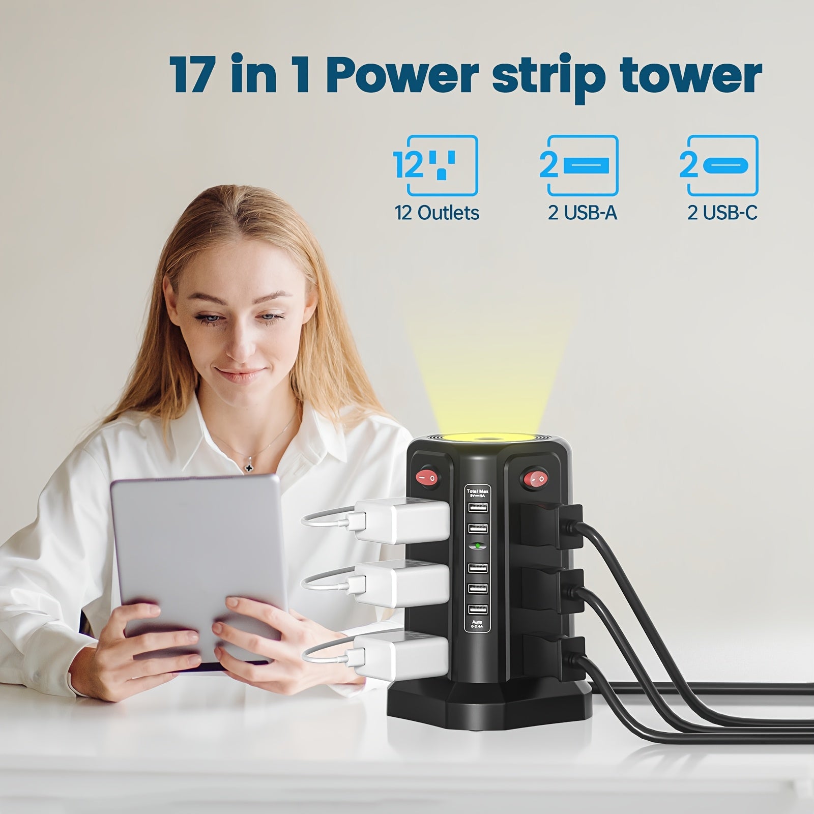 17in 1 PASSUS Power Tower Surge Protector Power Strip with USB Ports, Extension Cord Overload Protection for Home Office Dorm Room (White)