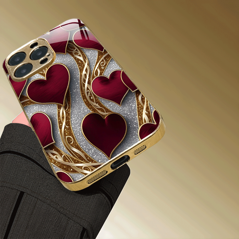 Phone Case - Mobile Cover: Luxurious Red And Golden Heart Design, Stylish And Innovative Look, Chic Instagram Aesthetic, Lightweight, Cutting-Edge, Compatible with for Iphone 16, 15 Pro, 15 Pro Max, 14 Plus, 13, 12