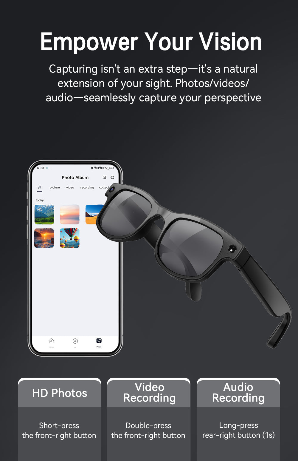 AI Smart Glasses Camera 8MP HD Video Recording Glasses with Audio, Real-Time Translation, Bluetooth Call & Music, AI Object Recognition, Touch Control, Wearable Camera Glasses for Men Women Travel Outdoor