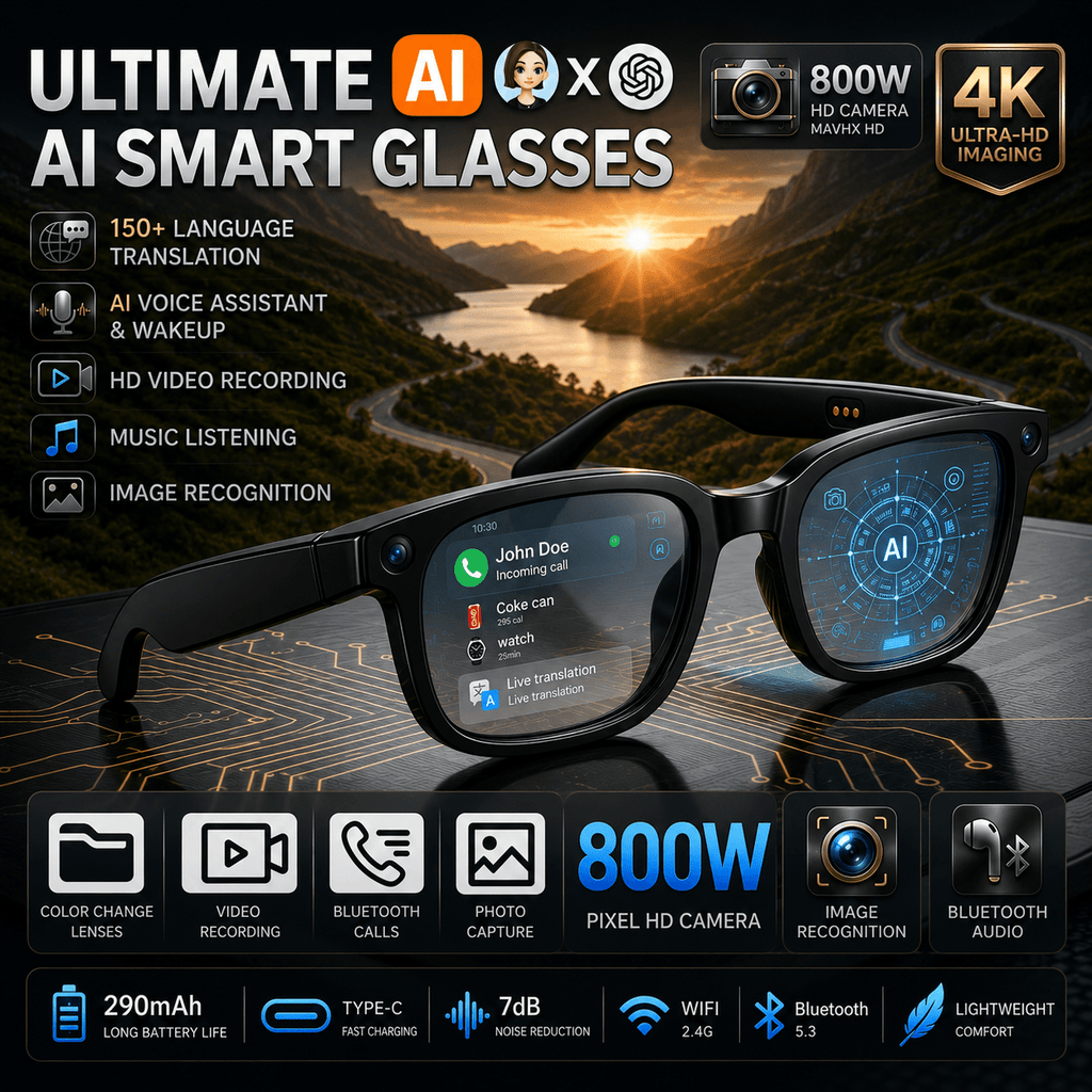 2026 AI Smart Glasses Camera 8MP HD Video Recording Glasses with Audio, Real-Time Translation, Bluetooth Call & Music, AI Object Recognition, Touch Control, Wearable Camera Glasses for Men Women Travel Outdoor