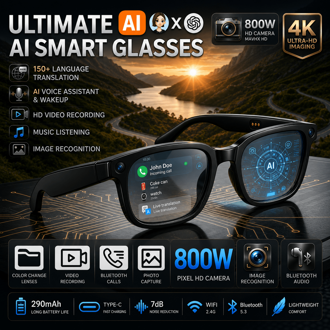 2026 AI Smart Glasses Camera 8MP HD Video Recording Glasses with Audio, Real-Time Translation, Bluetooth Call & Music, AI Object Recognition, Touch Control, Wearable Camera Glasses for Men Women Travel Outdoor