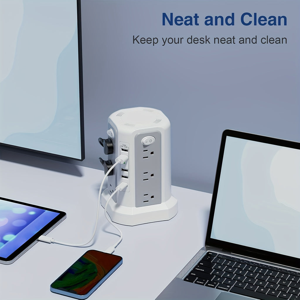 Angled Flat Plug 12 AC Outlets Power Strip Tower with USB C Port(PD18W/PD20W), Surge Protector Power Tower with 5 USB Ports, Extension Cord Desktop Power Strip for Home Office DormRoom