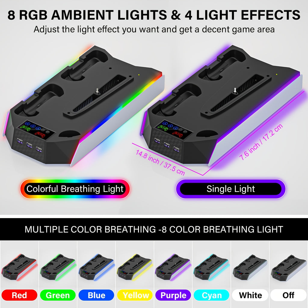 for PS5/Slim/Pro Stand Disc & Digital Console, RGB Cooling & Charging Station with 3-Level Fan, Controller Charger for PS5 Controller, Accessories with 3 USB Ports/Cooling Fan/Headset Holder