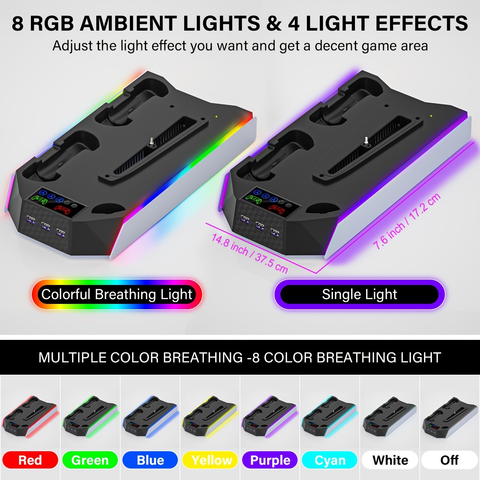 for PS5/Slim/Pro Stand Disc & Digital Console, RGB Cooling & Charging Station with 3-Level Fan, Controller Charger for PS5 Controller, Accessories with 3 USB Ports/Cooling Fan/Headset Holder
