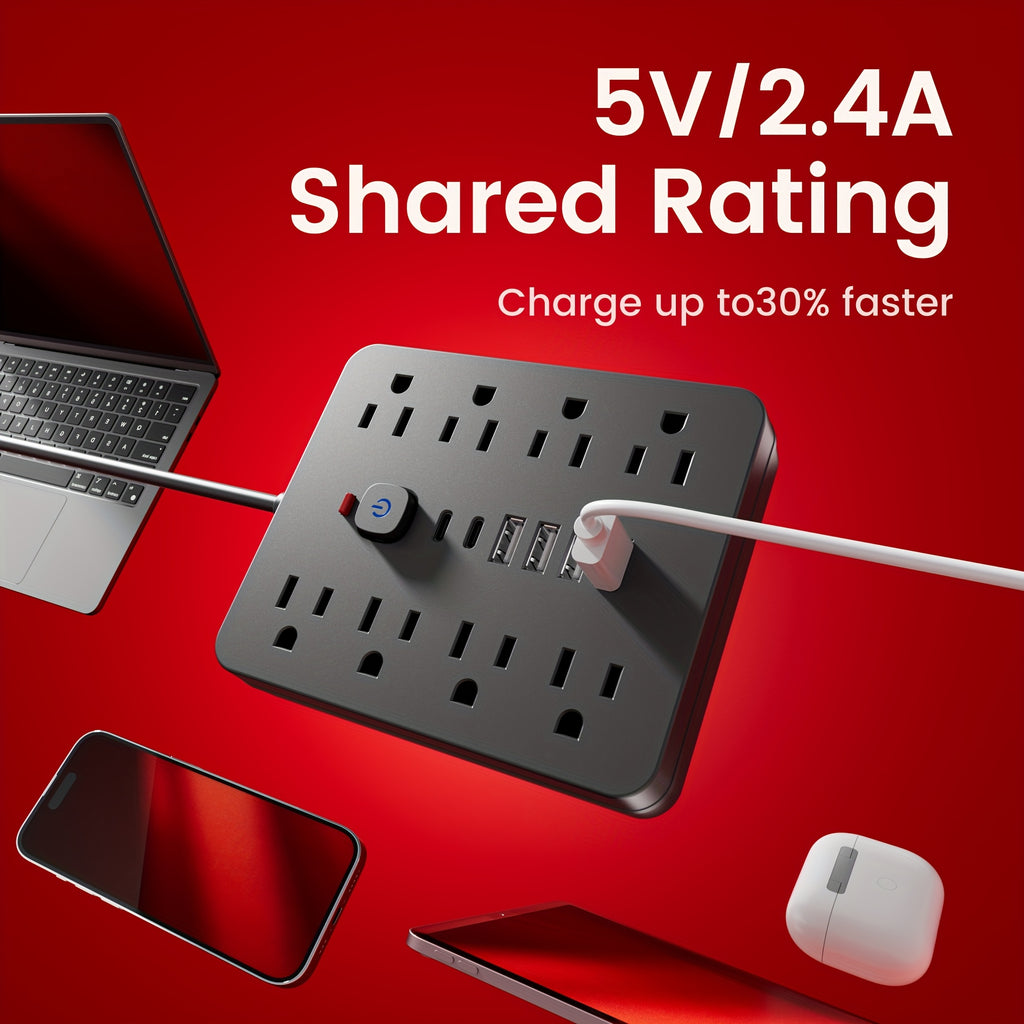 1pc 14-In-1 Multi-Outlet Power Strip with Surge Protection, 8 AC Outlets, 4 USB-A Ports, 2 USB-C Ports, 5/10Ft Extension Cord, Flat Plug, Wall Mount, Overload Protection, Power Outlet Surge Protector - Ideal for Home And Office Desktop Charging