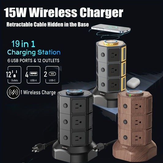 Tower Power Strip Surge Protector With Wireless Charger, 12 AC Outlet And 6 USB Ports(2 USB-C), 1050 Joules AC Multiple Outlets 5 Ft Extension Cord, Retractable Cable For Home Office Dorm Room, Golden For Christmas Gift