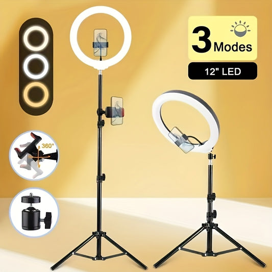 [ZOMEI] 10/12-Inch LED Selfie Ring Light, Compatible with Dual Phone Clips/Adjustable Bracket - 3 Color Modes, 12 Brightness Levels, USB Powered, Phone Stand/Ring-shaped Fill Light- Ideal for Makeup, Photography & Video, Selfie Stick for Phone