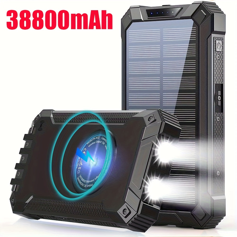 [Solar Power Bank] 32800/38800mAh Solar Power Bank Wireless Charger Built In 4 Cables 6 Outputs 15W Fast Charging Power Bank With Dual Flashlights -for Travel, And Camping External Backup Battery Pack, Emergency Backup For GPS, Flashlights, For IPhone 17/