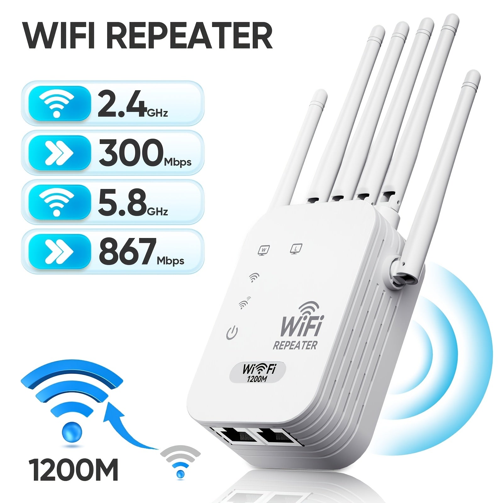 Signal Booster, 1200Mbps, Wi-Fi 6, Dual-Band 2.4G/5GHz, 6 Antennas (White), Wide Coverage, Strong Signal, Compatible with Smart Routers, Modern Wi-Fi Extender, CompactWiFi Signal Amplifier, 6 Antennas, Network Extender, Dual-Band 2.4GHz/5GHz
