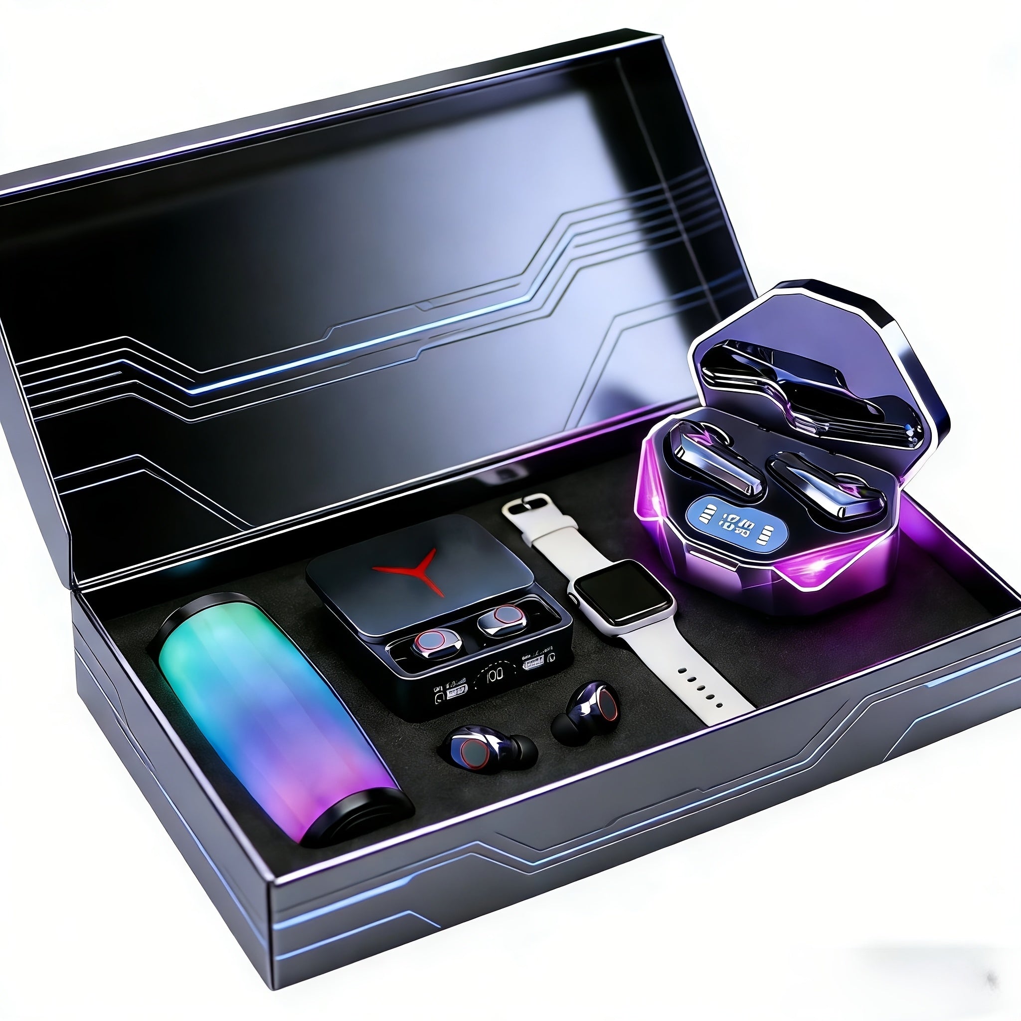 3/4pcs Set (1 Touch Control Black Gaming Headset + 1 Smart Speaker + 1 Wireless Bluetooth Earbuds with Free Fashion Watch) New High-Quality Luminous Gaming Headset (No Gift Box), Long-Lasting. Surround Sound, Immersive Experience. No Gift Box