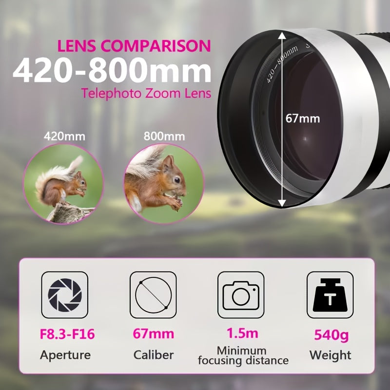 420-800mm F8. 3-16 Telephoto Zoom Lens(Mf) + T-Mount for Canon & for Nikon & for Sony Mount, Very Suitable for Outdoor Shooting, Moon Photography