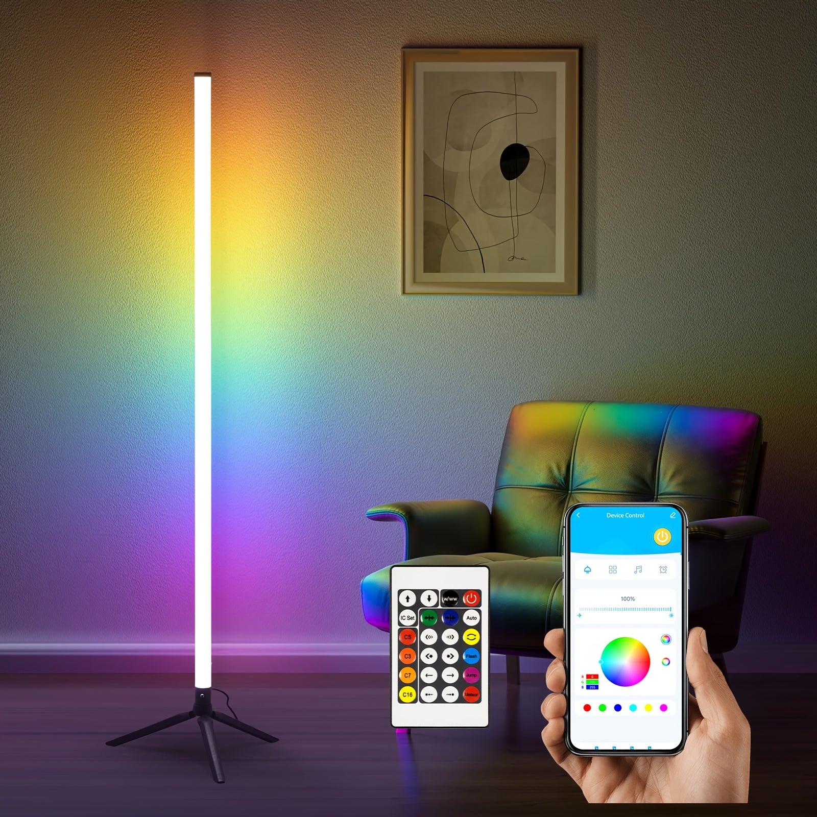 2/1 Pack RGB Floor Lamp Basic, USB 5V LED Corner Lamp, APP & Romote Control, Smart Modern Floor Lamp with Music Sync And 16 Million DIY Colors, Color Changing Standing Lamp for Bedroom Living Room, Room Decor, Halloween Decorations, Bedroom Decor
