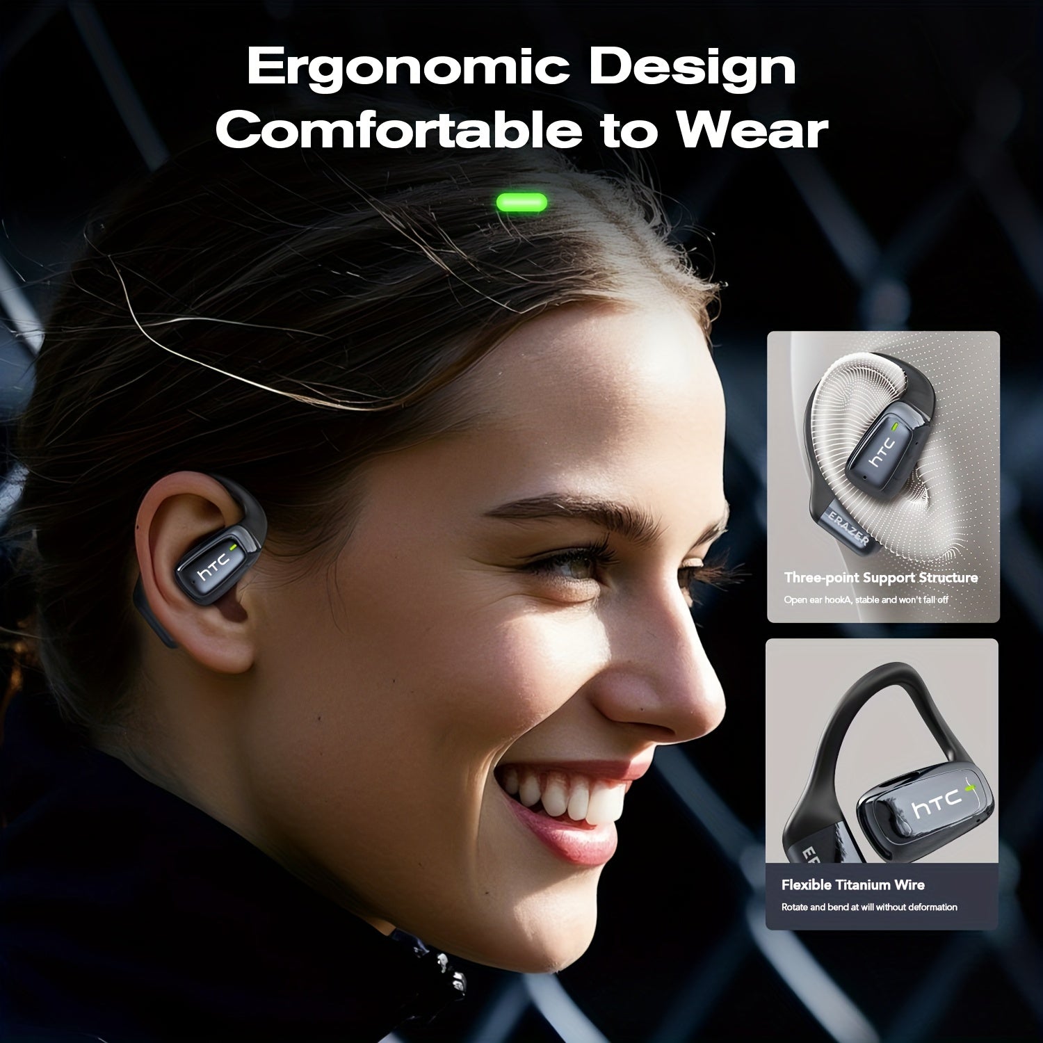 HTC NE25 New AI Smart Translation Wireless Earphones, Open-Back Wireless Headphones, Hi-Fi, HD Sound Quality, Lightweight And Portable, Supports 135 Languages, Long Battery Life, LED Full-Color Smart Screen, Low Latency, Suitable for Gaming