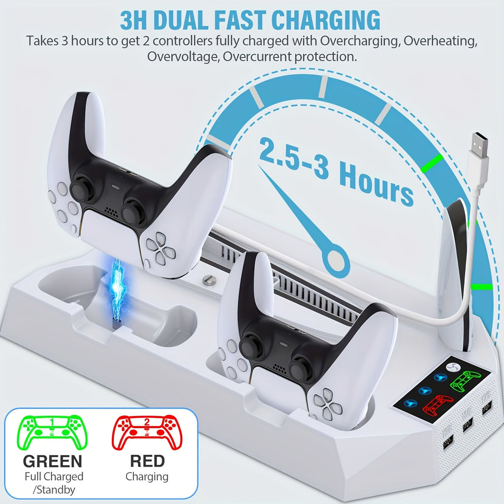 Cooling Station for PS5, Controller Charging Station for Playsation 5 Slim/Pro/&Standard Disc/Digital Console, for PS5 Accessories Incl. Controller Charger/Turbo Fan/3 USB Hub/Headset Holder, Christmas Gift, USB Length 19 Inches