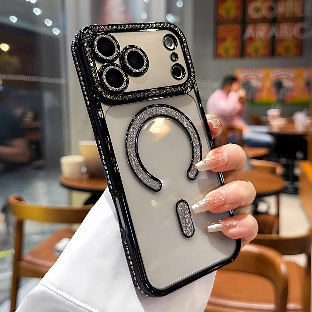 Shiny High-End Fashionable New Side Diamond Magnetic Phone Case Suitable for iPhone 17 16 15 14 13 Pro Max Plus Air 16e, Supports Wireless Charging
