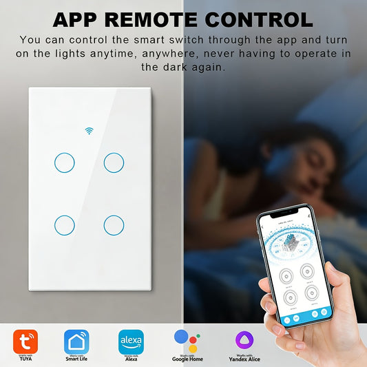 Premium Scratch-Resistant Glass Smart Wall Switch, WiFi + Bluetooth Touch Screen Light Switch (1-4 Gang), Voice Control, 600W/Gang (Neutral Required)