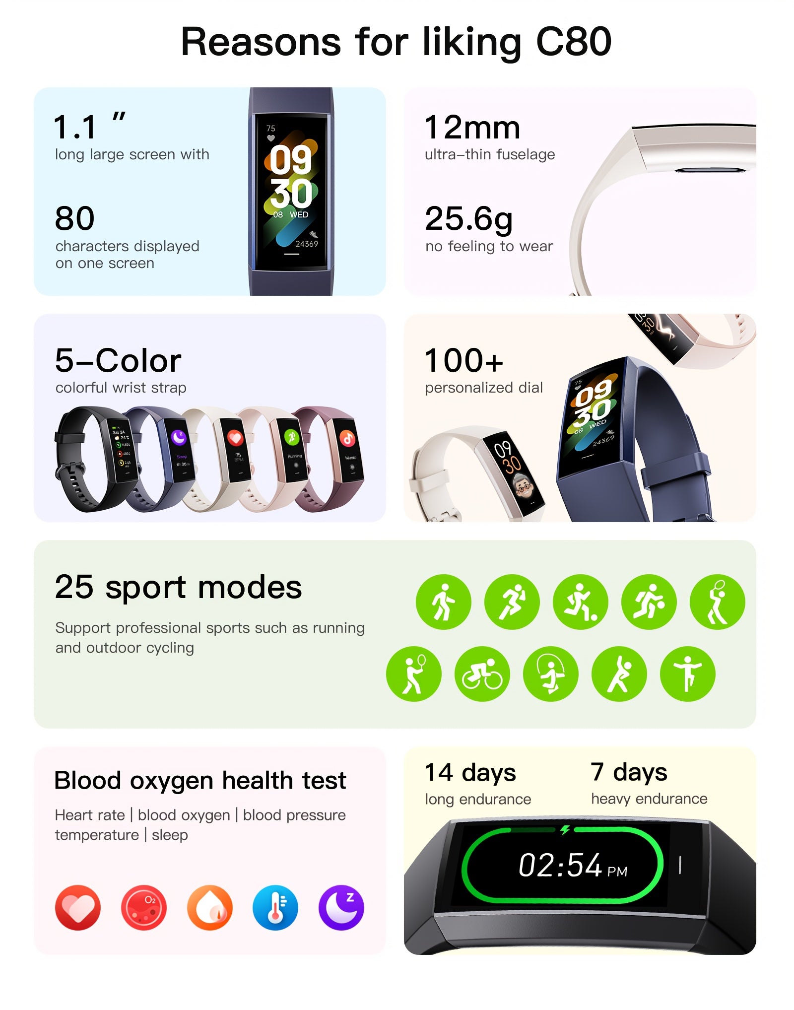 [Smart Sports Watch] 2026 New Upgraded Smart Bracelet, Sports Watch, 1.1-Inch AMOLED Touch Screen Sports Watch, Ultra-Thin Body, 14-Day Long Battery Life, 25 Fitness Modes, Sleep Tracking, Weather Forecast, Music Control, Stopwatch, Alarm Clock Reminder