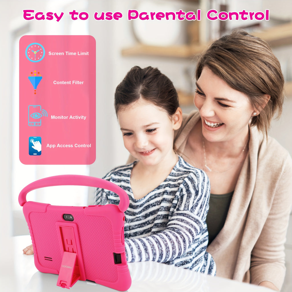 [Android Tablet] Veidoo 7-Inch Kids Tablet, 1GB RAM 16GB ROM / 2GB RAM + 32GB ROM, Eye-Protection Screen, WiFi, Dual Cameras, Educational Games, Parental Control App, Android Tablet With Drop-Proof Silicone Case (Pink)