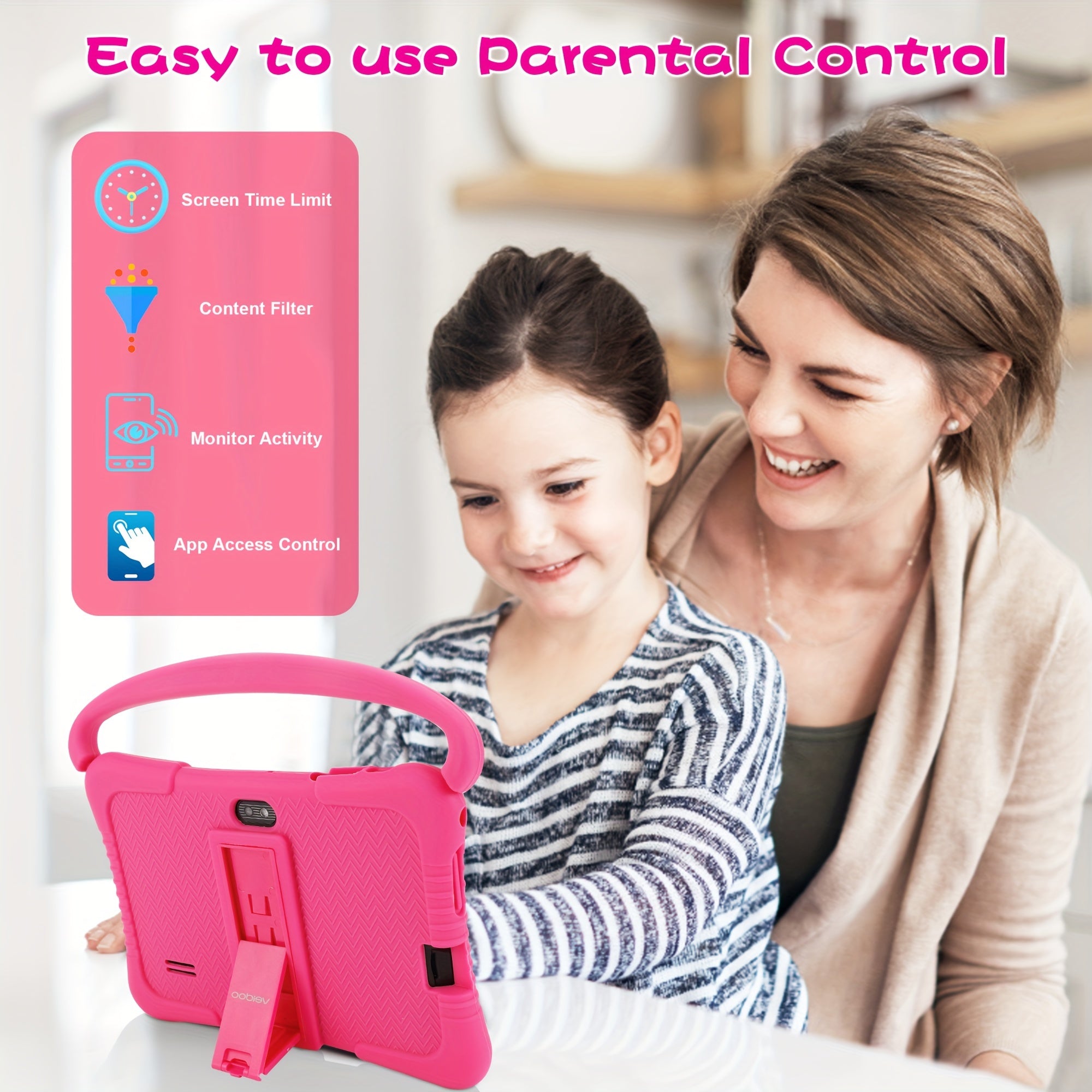[Android Tablet] Veidoo 7-Inch Kids Tablet, 1GB RAM 16GB ROM / 2GB RAM + 32GB ROM, Eye-Protection Screen, WiFi, Dual Cameras, Educational Games, Parental Control App, Android Tablet With Drop-Proof Silicone Case (Pink)