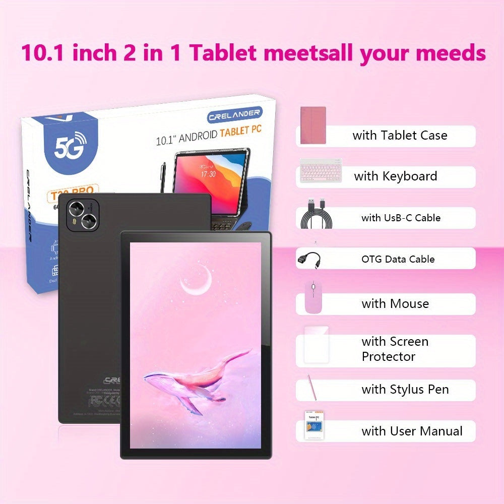 Andriod Tablet PC 6GB (3GB+ 3GB Expand) RAM 128GB ROM 5G WiFi TYPE C Charge 10. 1 Inch Display Touch Screen Dual Cameras with Pink Keyboard Mouse Protective Case Pen(pen Without Battery) New Android Tablet PC Mini 2in 1 Tablet