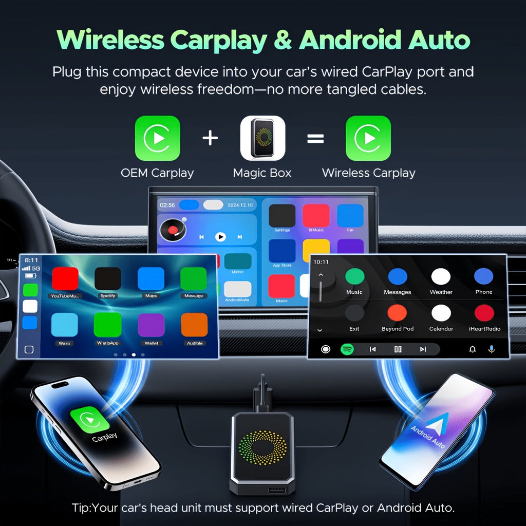 The 3-in-1 Magic Media Box Supports Netflix/YouTube/TikTok Streaming. Equipped With A Wireless CarPlay Adapter And USB Port, It Is Compatible With Factory-installed Wired Apple CarPlay And Android Auto Systems. Note: Wireless CarPlay Requires IOS 10