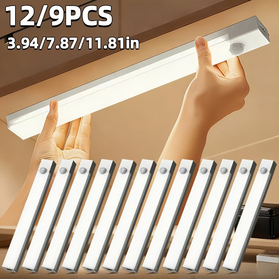 12/9/6pcs LED Motion Sensor Smart Cabinet Lights, USB Rechargeable, 3 Adjustable Modes, Wireless Night Light for Bedroom, Staircase, Kitchen, Intelligent Offices Piano Room & Dance Studio, Bedside Reading Lights, Lights for Cabinets