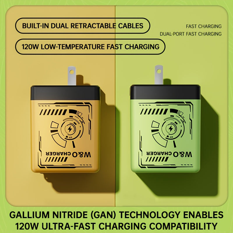 [Christmas Gift] Portable 66W/120W Gan Fast Charger With Retractable Cable And Foldable Plug, With Portable Retractable Charging Plug, Travel Adapter For Iphone 17/16/Pro/Pro Max/15/14, For Galaxy/Ultra Series - Green/Yellow/Black - Christmas Gift
